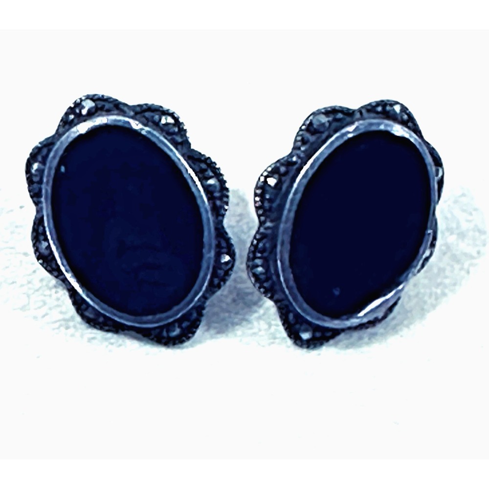 Vintage Sterling Silver 925 Oval Black Onyx Marcasite Stud Earrings TH MT